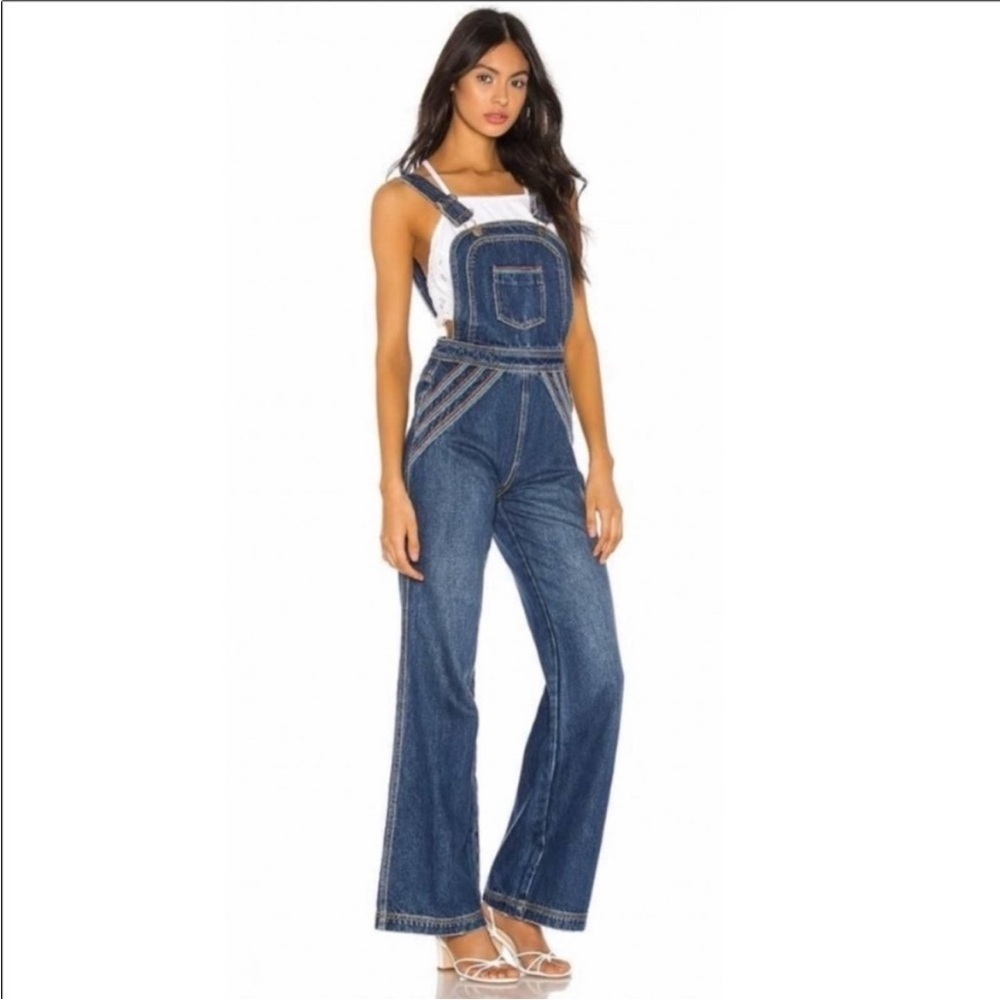 Free People Blue Denim Wide-Leg Overalls Jumpsuit - Picture 2 of 15